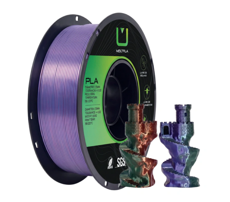 Multfila PLA Silk Tricolor Filamento 3D 1.75mm 1kg Verde Roxo Cobre